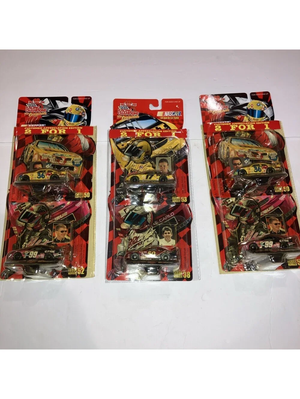 LOT OF 3 VINTAGE 1999 NASCAR Racing Champions 2 for 1 Packs 1/64 Die Cast NEW